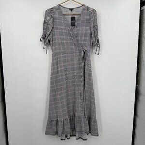 Torrid Plaid Wrap Midi Dress Ruched Sleeves Black Gray Purple Women’s 00 (M/L10)